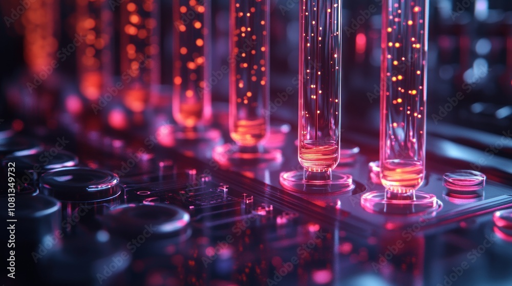 Closeup of glowing red liquid inside glass tubes on a futuristic surface. Closeup of glowing red liquid inside glass tubes on a futuristic surface.