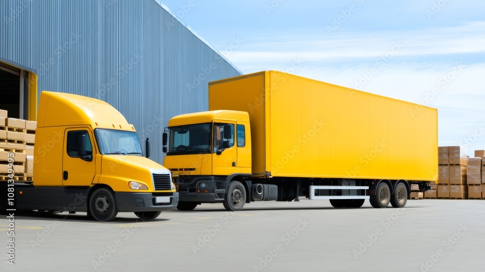 Two yellow trucks parked outside a warehouse against a clear blue sky. Two yellow trucks parked outside a warehouse against a clear blue sky.