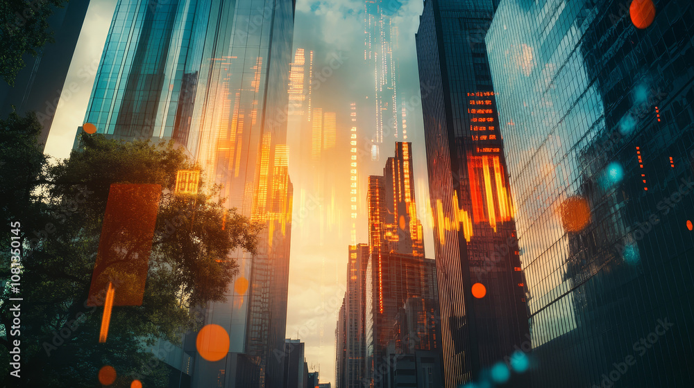 Obraz premium Digital candlestick charts and trading indicators overlay sunny skyscrapers, symbolizing growth and market trends in a vibrant financial setting. Double exposure effect. Forex trade market.