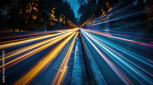 A long exposure shot of a highway at night with blurred lights from cars speeding past.