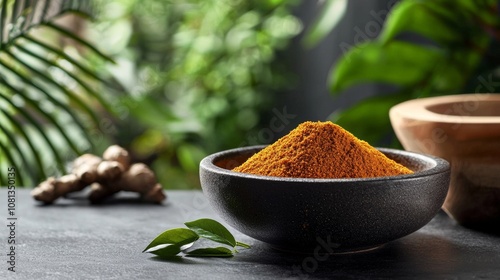 Bowl of Organic Turmeric Powder with Fresh Ginger on Dark Background photo