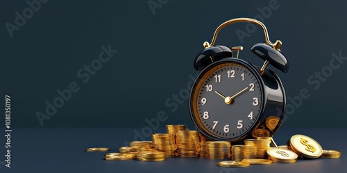 Financial management tips alarm clock and gold coins digital workspace realistic style minimalist setup time and wealth concept photo