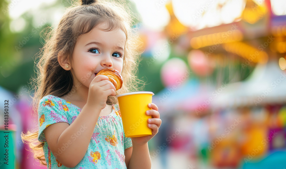 A happy little girl in an amusement park, taking a bite of a croissant and soft drink. A happy little girl in an amusement park, taking a bite of a croissant and soft drink.