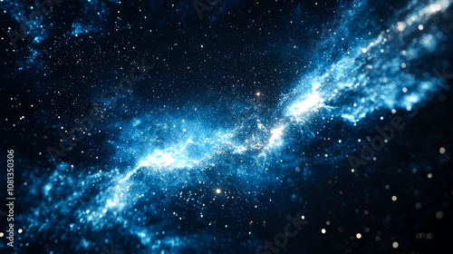 Blue nebula in space with bright stars.