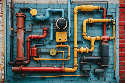 Colorful metal piping on blue brick wall, intricate pathways in various shades and sizes