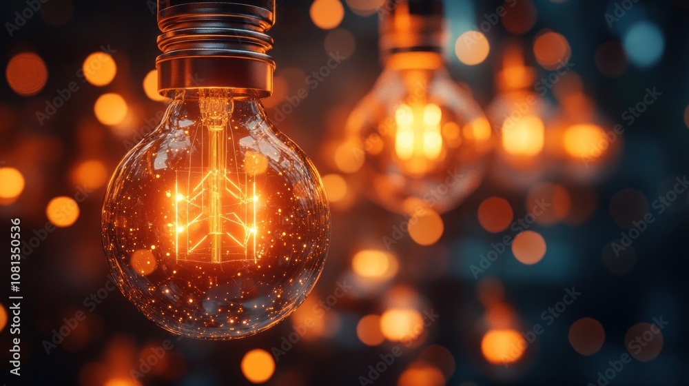 A glowing light bulb hanging in front of a bokeh background with warm colors, representing inspiration, creativity, and new ideas. A glowing light bulb hanging in front of a bokeh background with warm colors, representing inspiration, creativity, and new ideas.