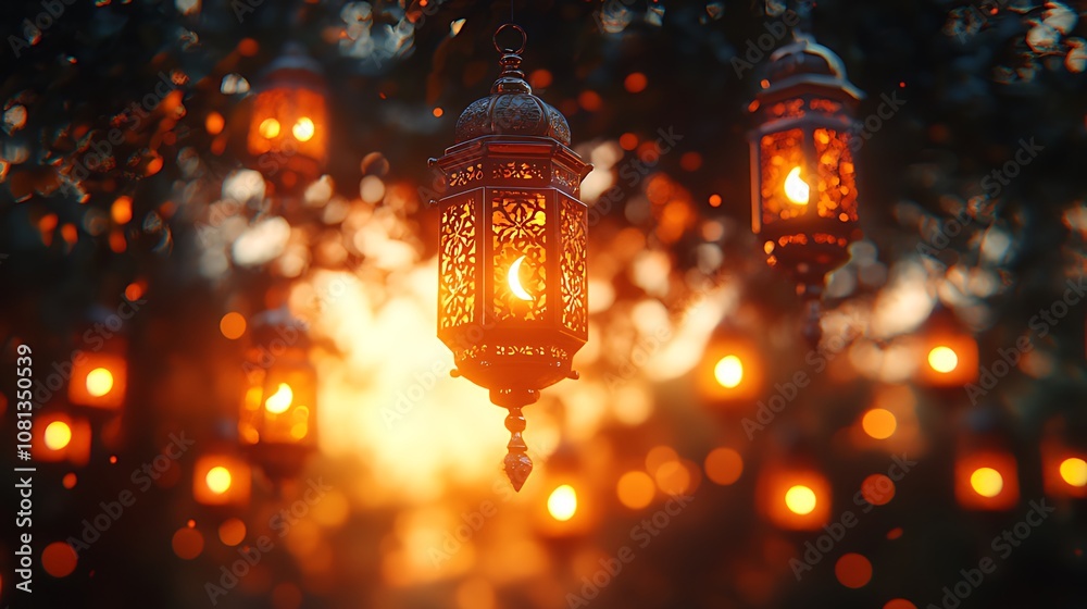 Ornate lanterns hang in a tree, glowing with warm light, creating a magical atmosphere.