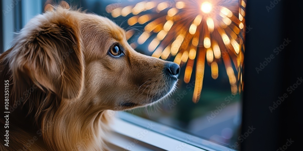 Naklejka premium Dog watching fireworks from a window home interior emotional moment cozy environment close-up view reflection on life