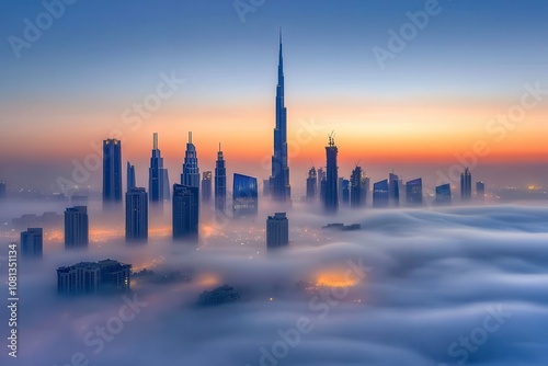 Majestic Skyline of a Modern City Drenched in Fog During a Vibrant Sunrise, Showcasing Architectural Marvels and Towering Skyscrapers Against a Colorful Horizon photo