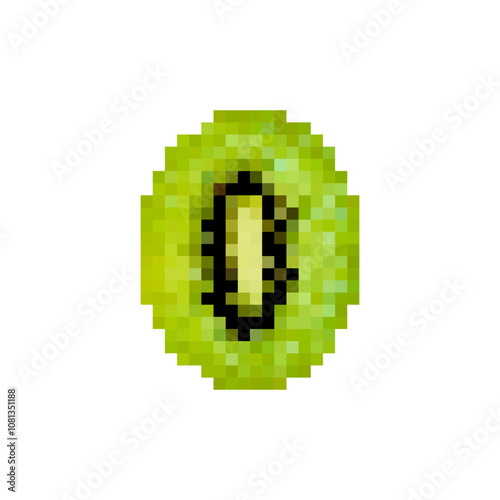 Pixel kiwi isolated on white background. Half of a pixelated kiwi fruit in retro 8 bit video game style. Pixel art