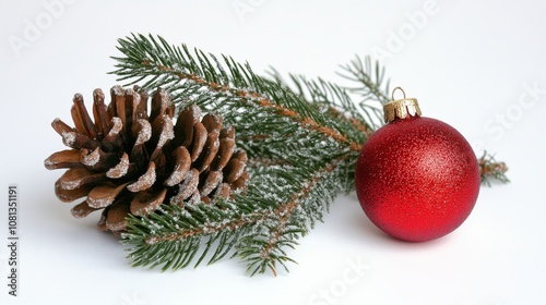 Wallpaper Mural A Christmas decoration featuring a pine cone, evergreen twig, and a red ornament arranged on a clean white surface Torontodigital.ca