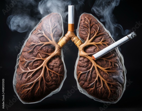 a pair of lungs surrounded by smoke and two cigarettes representing the harmful effects of smoking on the respiratory system photo