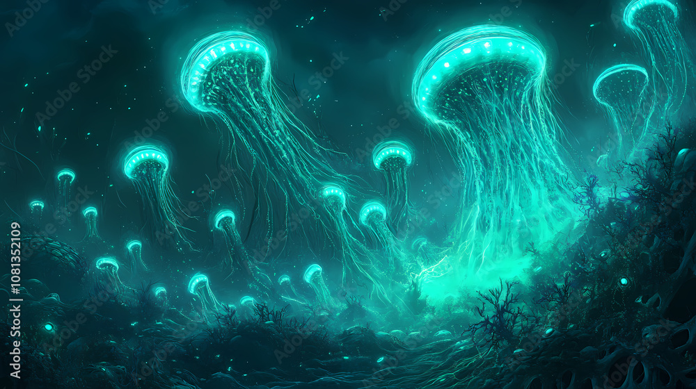 Mesmerizing bioluminescent algae colony glowing in the otherworldly abyss of the deep sea. captivating microscopic organisms emitting fluorescent hues of teal and emerald. Luminescent. Illustration Mesmerizing bioluminescent algae colony glowing in the otherworldly abyss of the deep sea. captivating microscopic organisms emitting fluorescent hues of teal and emerald. Luminescent. Illustration