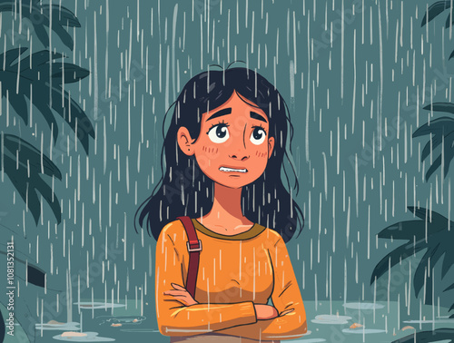 illustration of a sad girl standing in the rain. to take care of mental health