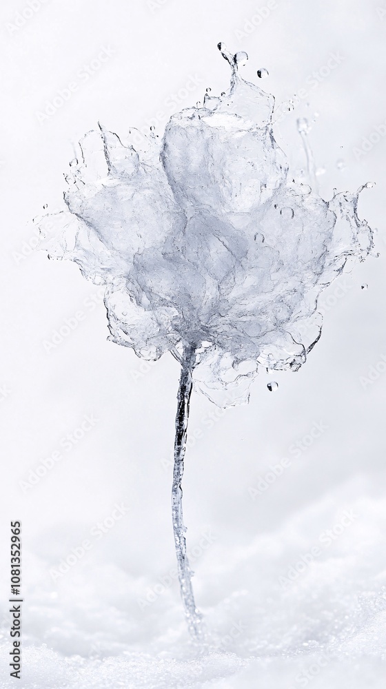 Abstract art photo of water splashes forming an ice flower, profile view, delicate and elegant style, high key lighting, clear snow background, macro, studio shot, sharp focus on the details Abstract art photo of water splashes forming an ice flower, profile view, delicate and elegant style, high key lighting, clear snow background, macro, studio shot, sharp focus on the details