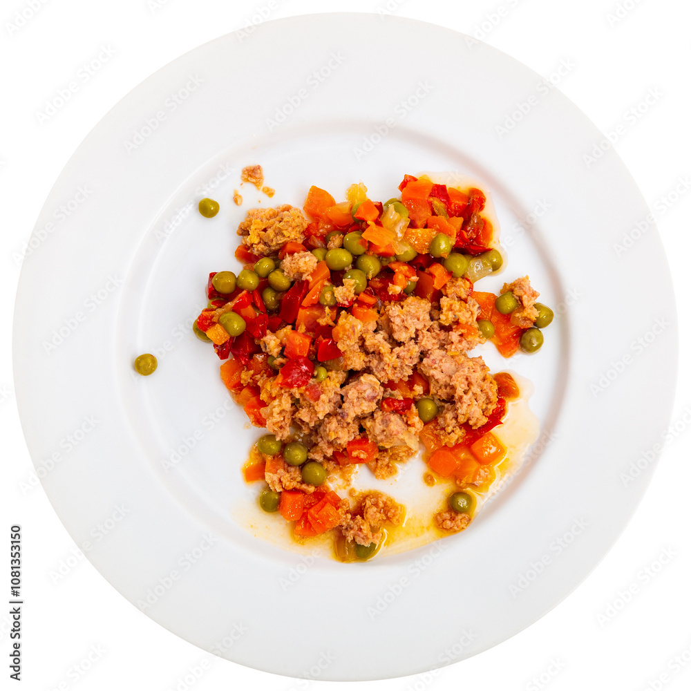 Delicious tuna salad with green peas, bell peppers and tomatoes. Mediterranean cuisine. Isolated over white background