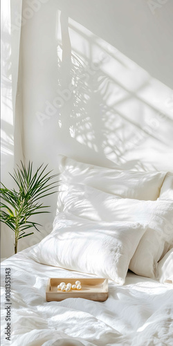 ttpssmjrunp6D9D2fTDG4 A white minimalist bedroom with lightcolored bedding adorned with plush pillows and soft sheets The room is bathed in natural sunlight that highli photo