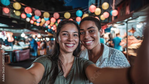 Two smiling women of mixed ethnicities take a joyful selfie at a vibrant night market, illuminated by colorful lanterns.