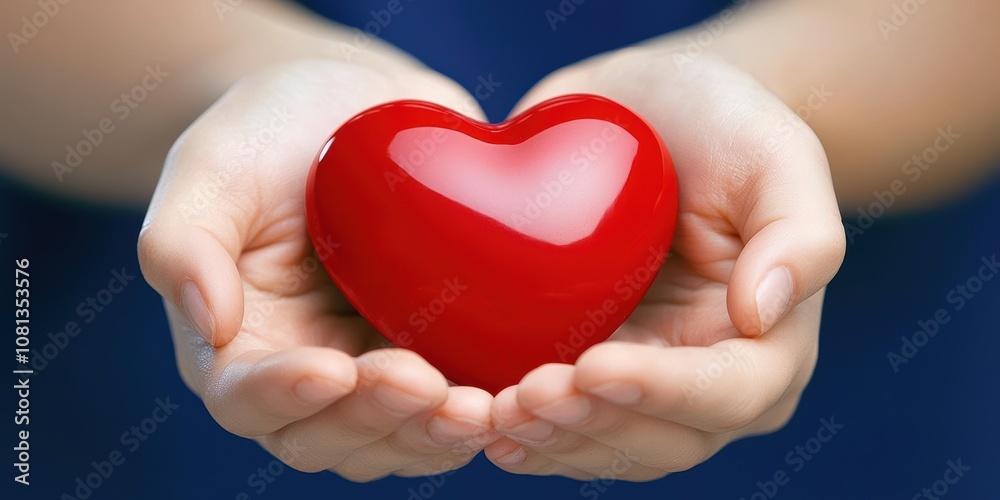 Caring gesture hands hold a red heart against a blue background symbolizing love and compassion studio setting close-up view emotional connection Caring gesture hands hold a red heart against a blue background symbolizing love and compassion studio setting close-up view emotional connection