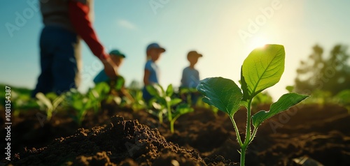 Family planting seedlings in field. photo