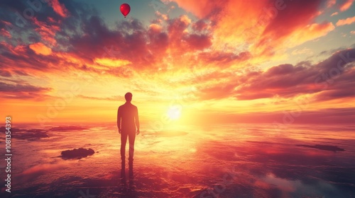 A lone figure stands on a cliff, watching a hot air balloon ascend into a vibrant sunset sky.