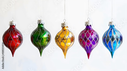 Colorful Ornate Stained Glass Christmas Ornaments in a Row, White Background