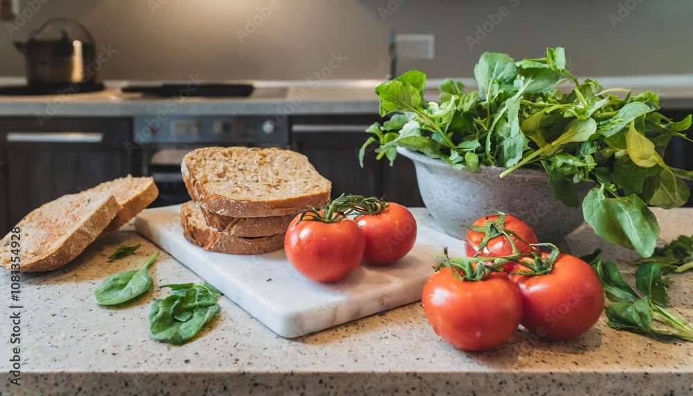 Minimalist Kitchen Counter Featuring a Fresh Vegetarian Lunch Spread With Heirloom Tomatoes, Leafy Greens, and Gluten-Free Bread for a Light and Healthy Meal Minimalist Kitchen Counter Featuring a Fresh Vegetarian Lunch Spread With Heirloom Tomatoes, Leafy Greens, and Gluten-Free Bread for a Light and Healthy Meal