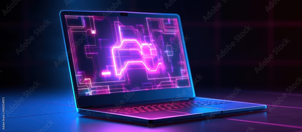 A sleek, modern laptop with a glowing pink and blue circuit board design on the screen. A sleek, modern laptop with a glowing pink and blue circuit board design on the screen.