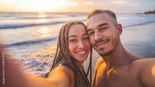 A joyful Black woman and Hispanic man take a selfie at sunset on the beach, capturing their love and the serene ocean waves in the background. photo