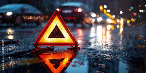 Emergency vehicle warning signal urban street at night reflective safety triangle rainy environment low angle perspective for road safety awareness photo