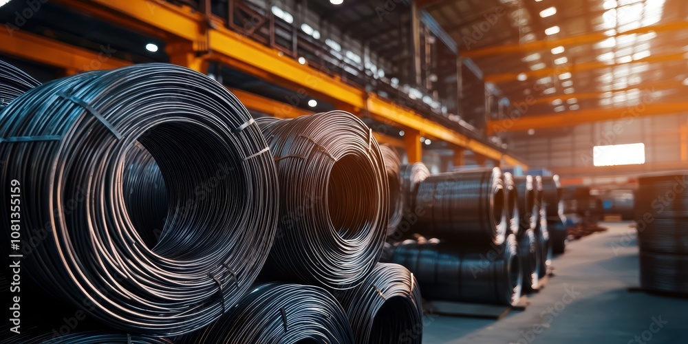 Industrial scene of neatly coiled steel wire rods manufacturing plant high-quality image warehouse environment close-up view steel production concept Industrial scene of neatly coiled steel wire rods manufacturing plant high-quality image warehouse environment close-up view steel production concept