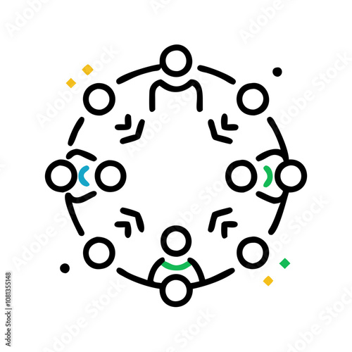 Circle of diverse people gathered together for collaboration and discussion with minimalistic design