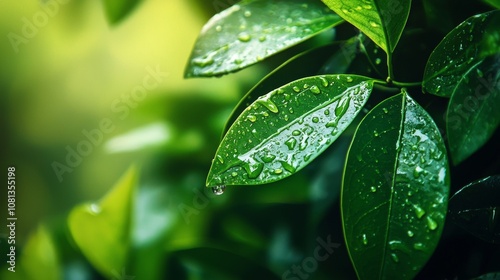 Close-Up of Fresh Green Leaves with Water Droplets