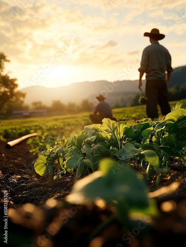 Farmers in a field at sunset.