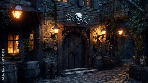 pirate, hideout, bar, entrance, exterior, cool, suspicious, atmosphere, friends, gathering, meal, Restaurant, Illustration, Art, Cartoon, Watercolor, Night, Street, City, Lights, Architecture, door, 