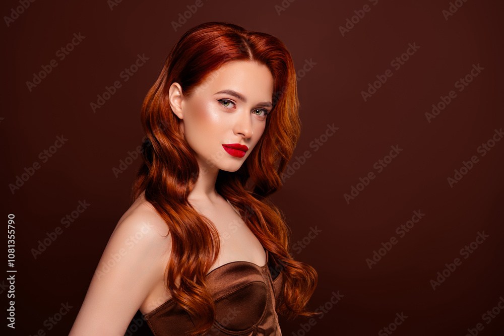 Naklejka premium Photo of confident rich popular star lady evening party festive event isolated on brown color background