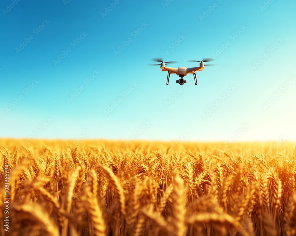 Drone flying over a golden wheat field.