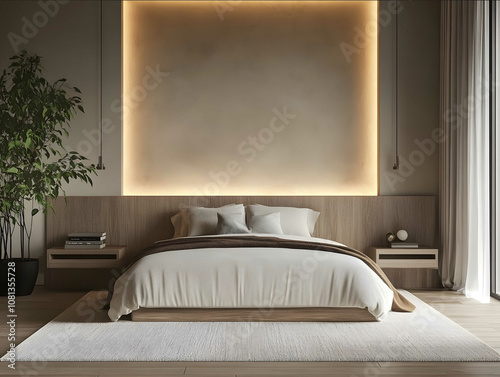 front view of a minimal modern bedroom ultra realistic highly detailed photo