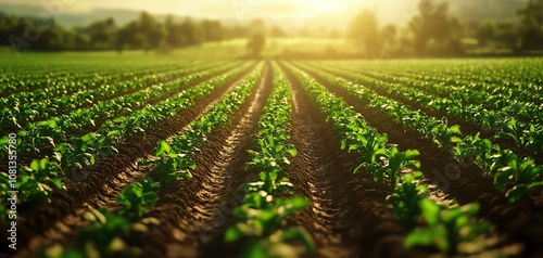 Green rows of crops in a field. photo