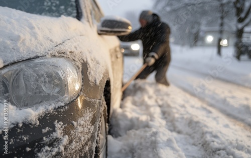 Unexpected winter snowfall: onset of winter as sudden snow blankets landscape, focusing on challenges, disruptions it brings to daily life, from transportation issues to adapting to cold. photo