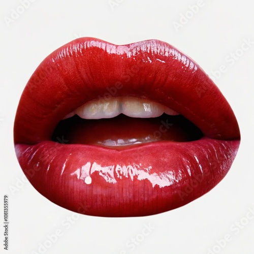 close-up of a pair of sensual, glossy red lips. The lips are prominently featured, taking up the majority of the frame, with the teeth visible in the center. The lighting and focus draw attention to t