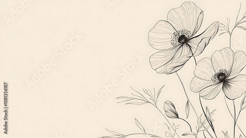 Fototapeta Naklejka Na Ścianę i Meble -  A minimalist wallpaper displaying delicate line drawings of flowers and leaves in continuous lines on a solid light background 
