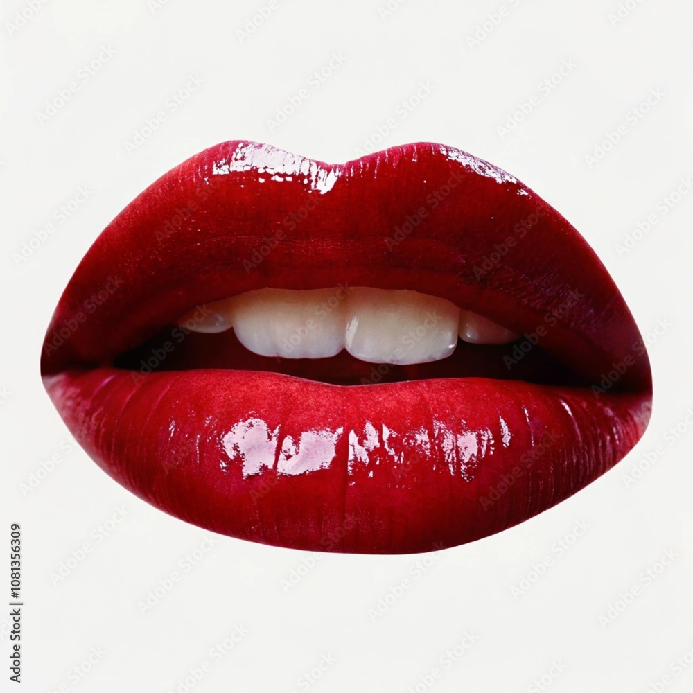 Obraz premium close-up of a pair of sensual, glossy red lips. The lips are prominently featured, taking up the majority of the frame, with the teeth visible in the center. The lighting and focus draw attention to t