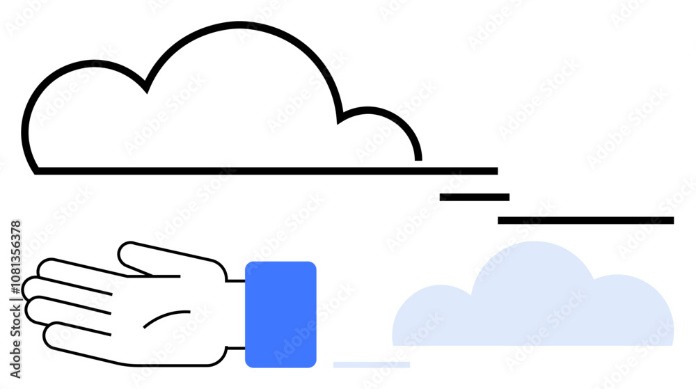 Hand extending towards black outlined cloud with blue-cuffed sleeve. Smaller blue cloud below. Ideal for creativity, ambition, success, goals, motivation, imagination perseverance. Line metaphor