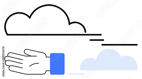 Hand extending towards black outlined cloud with blue-cuffed sleeve. Smaller blue cloud below. Ideal for creativity, ambition, success, goals, motivation, imagination perseverance. Line metaphor