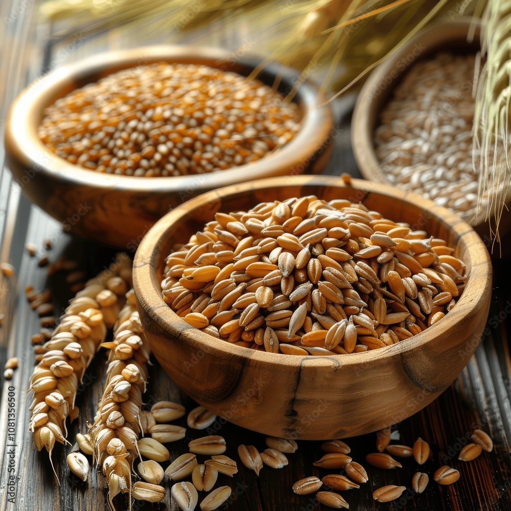 Assorted Grains and Seeds in Wooden Bowls on Rustic Table Assorted Grains and Seeds in Wooden Bowls on Rustic Table