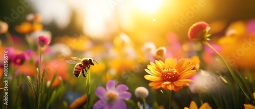 Bee collects pollen on flower field.