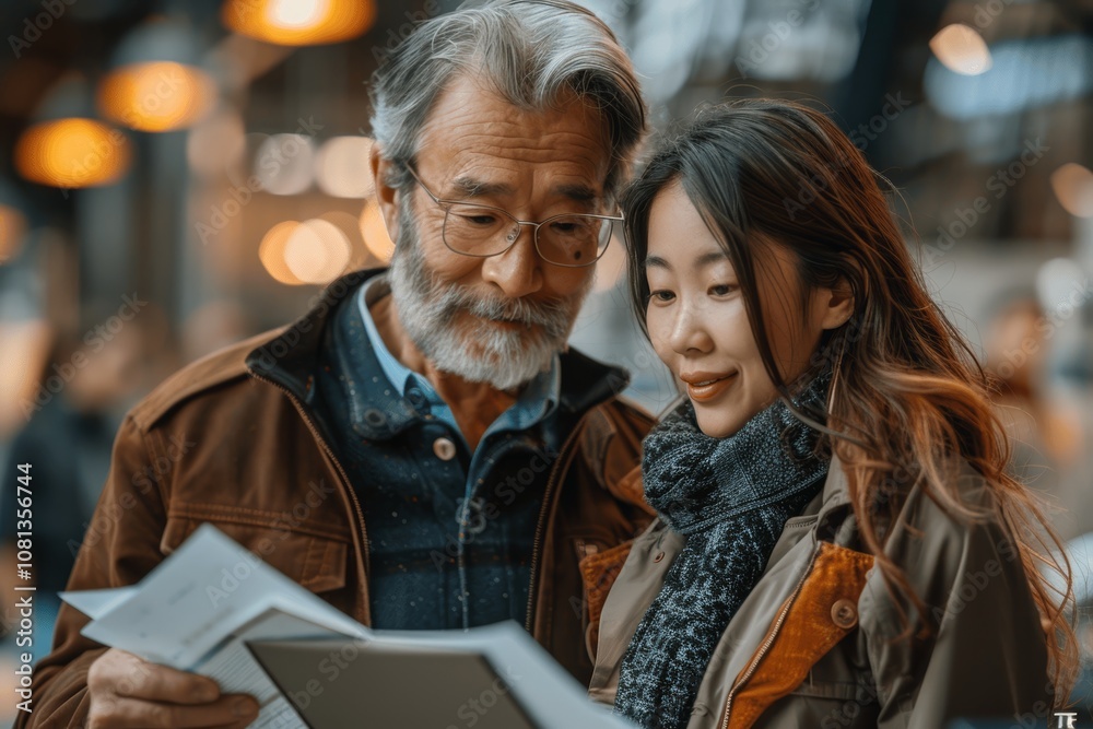 Smiling business man and young Asian woman in modern office using digital tablet and documents, discussing financial market data, corporate teamwork Smiling business man and young Asian woman in modern office using digital tablet and documents, discussing financial market data, corporate teamwork