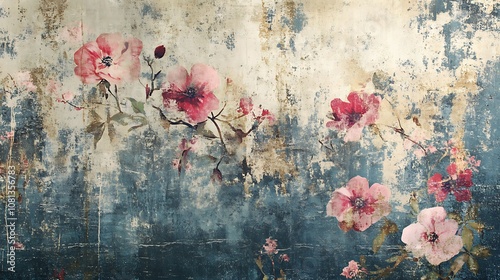 A textured wallpaper with distressed floral patterns, incorporating splatters, scratches, and faded colors for a grunge aesthetic 
