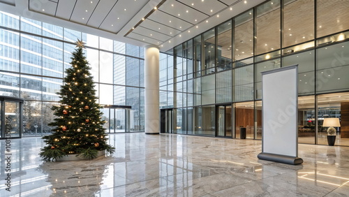 Modern office building lobby with blank banner sign standing for advertisement photo